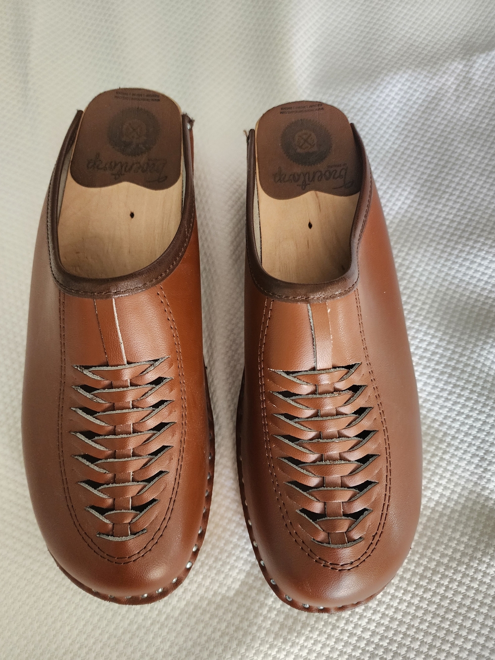 Troentorp Women's Tan Leather Slip-On Clog Mules with Braided Top